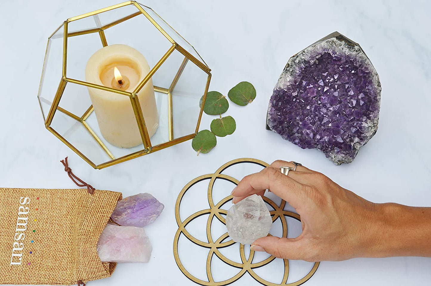 X-Large Amethyst Geode Plus A Self-Love Crystal Healing Set, One Palo Santo Stick, and A Crafted Fabric Bag