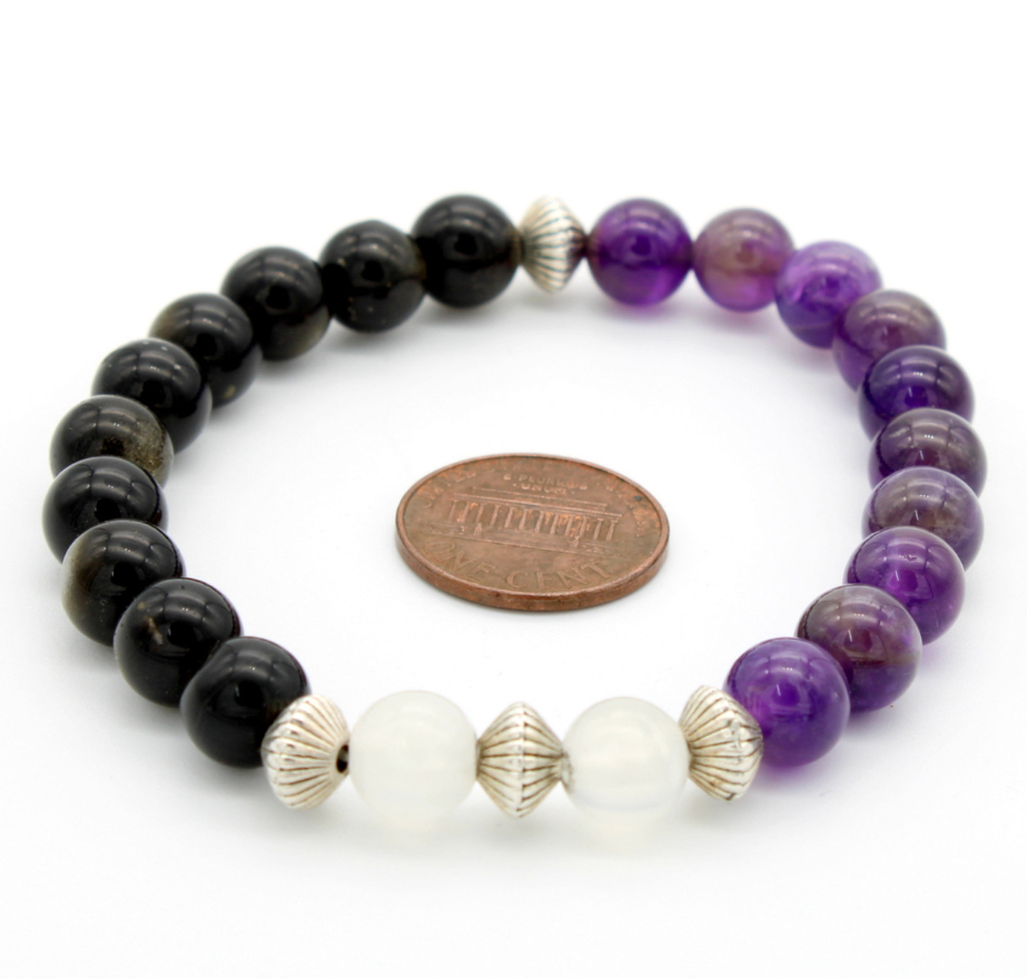 Amethyst, Black Tiger Eye & Selenite Beads Bracelet - 8 mm