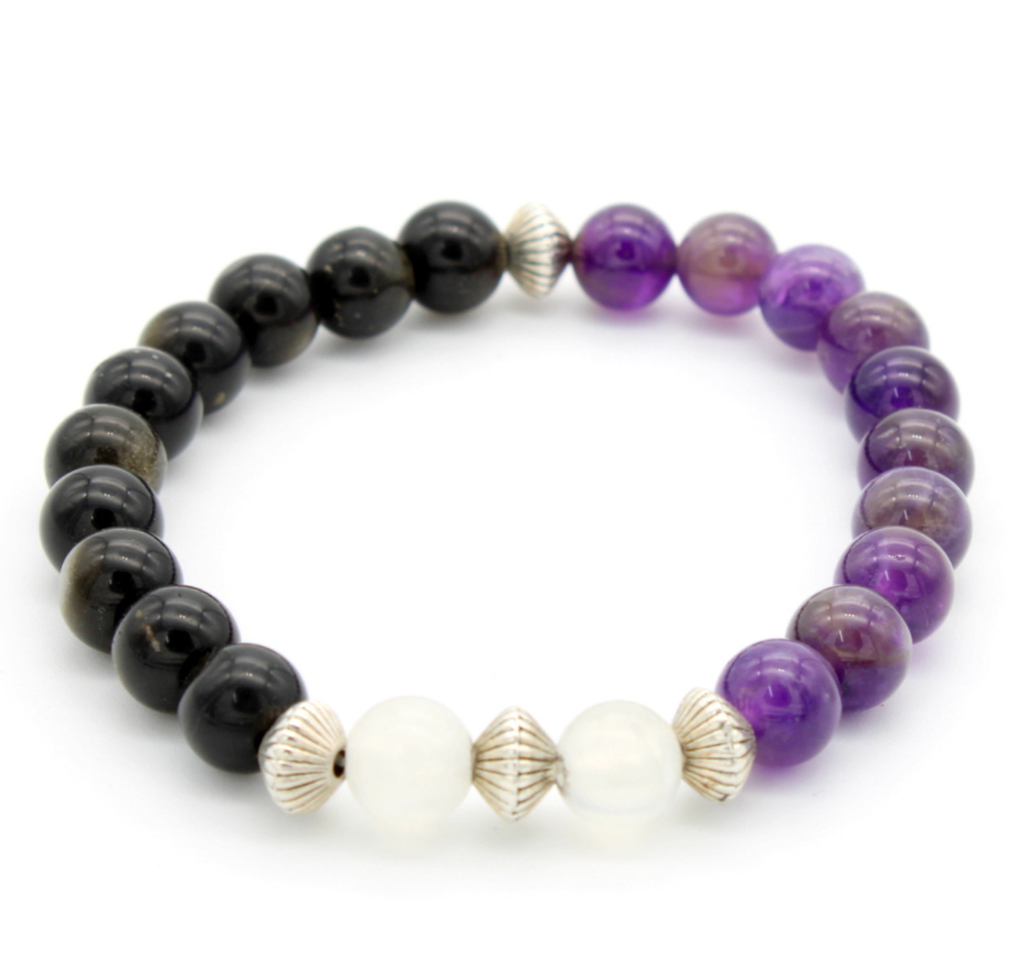 Amethyst, Black Tiger Eye & Selenite Beads Bracelet - 8 mm