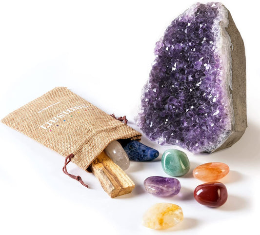 X-Large Amethyst Geode, Plus 7 Chakras Crystal Healing Stones Set, Palo Santo Stick, and Fabric Bag
